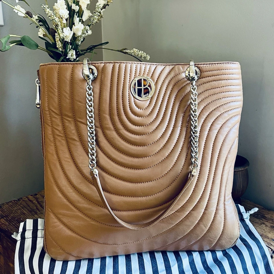 Henri BENDEL No. 7 Quilted Lambskin Leather Zip Tote Satchel Chain Bag Taupe - Image 2 of 4