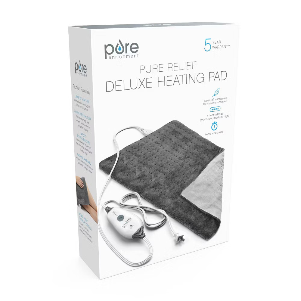 Pure Enrichment PureRelief Gray Heating Pad 12"x24" - 4 Heat, 2Hr Auto-Off