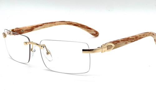 Herren Vintage Gold Gestell Randlos Hip Hop Schwarz Holzmaserung Klare Gläser Brille - Bild 58 von 104