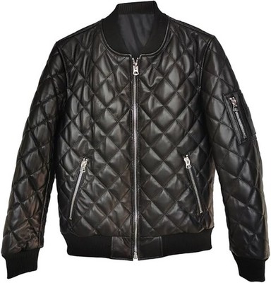 Herren Schwarz Biker Bomber Echt Glatt Lammleder Rauten Stepp Retro Jacke