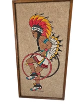 MCM Native American Indian Dancer Pebble Gravel Art Large Framed