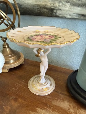 Vintage Cambridge Crown Tuscan Flying Nude Shell Compote Hand Painted