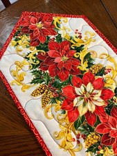 Handcrafted-NEW Quilted Table Runner- Christmas-Red Poinsettias Gold Scrolls