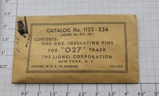 Lionel 1122-234 027 Track Insulating Pins (12) with Envelope