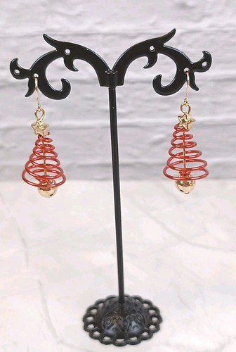 Spirale Weihnachtsbaum Metall Ohrhänger/Ohrhänger goldfarben & rot Brandneu ohne Etikett 1,2" Geschenk - Bild 1 von 2