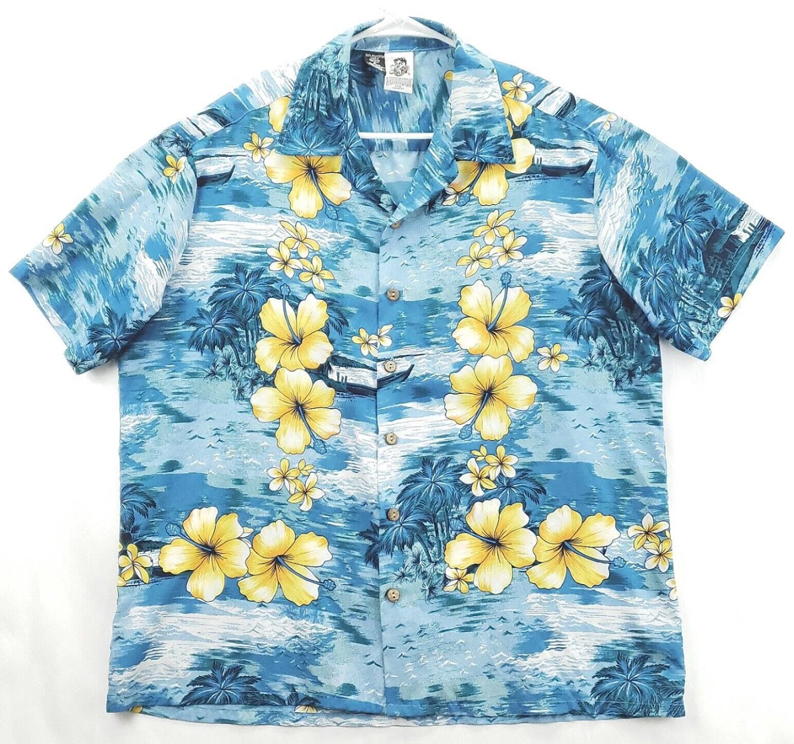 Kennington Shirt Mens Large Blue Yellow Hawaiian Floral Button-Up
