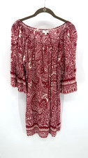 Umgee Women's SZ M Loose Fitting, Bell Sleeves Dress, Red & Cream Print Pockets