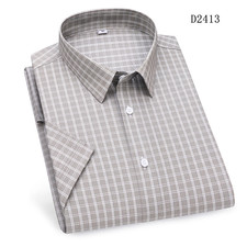 Mens Elastic Shirts Formal Business Short Sleeves Plaids Casual Dress Shirts Top