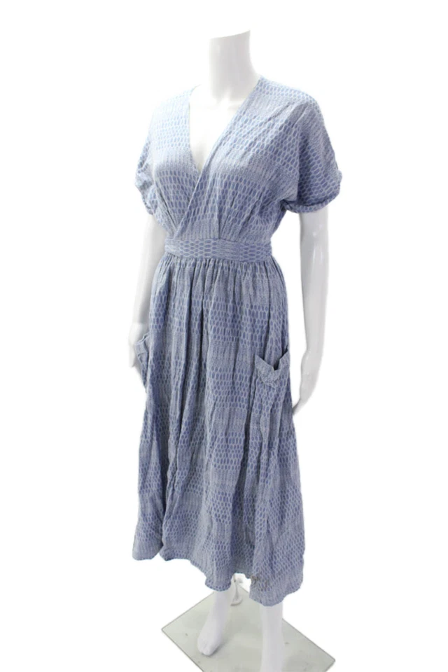 Maxi Vestido Mara Hoffman Mujer Algodón Manga Corta Envuelto Azul Talla S Foto 2 de 4