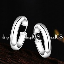 Ladies Classic 925 Sterling Silver 30mm Medium-Size Round Flat Hoop Earrings H64