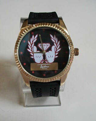 Men's Black Gold Finish Silicone Band Techno Pave Fashion Hip