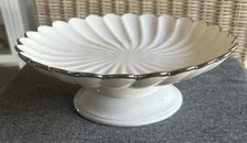 Vintage Fluted Pedestal Cake Plate Compote Centerpiece White Silver Trim 1970'S