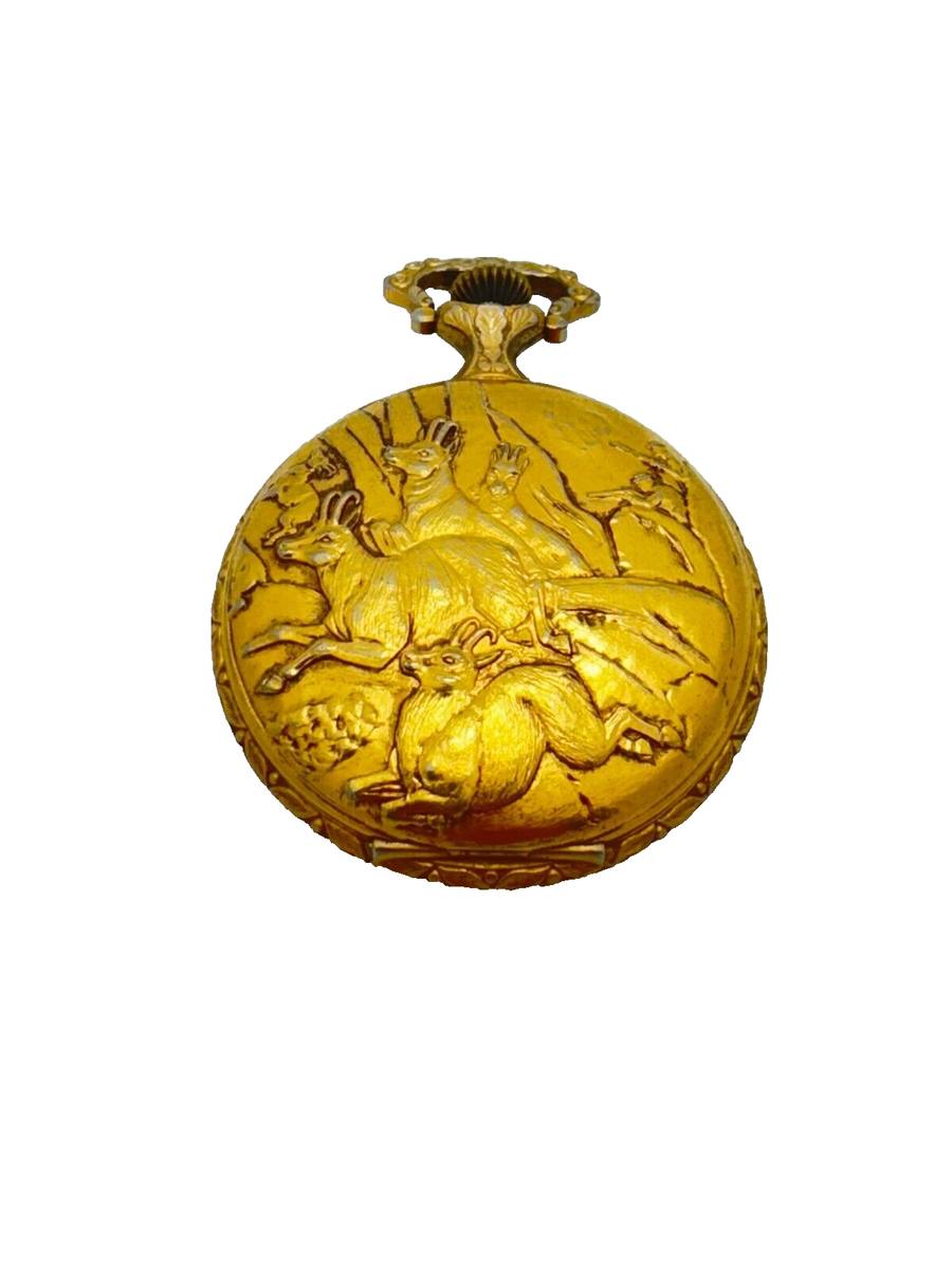 J.P. Pingouin Pocket Watch 17 Jewels Gold Tone Deer Scene Case