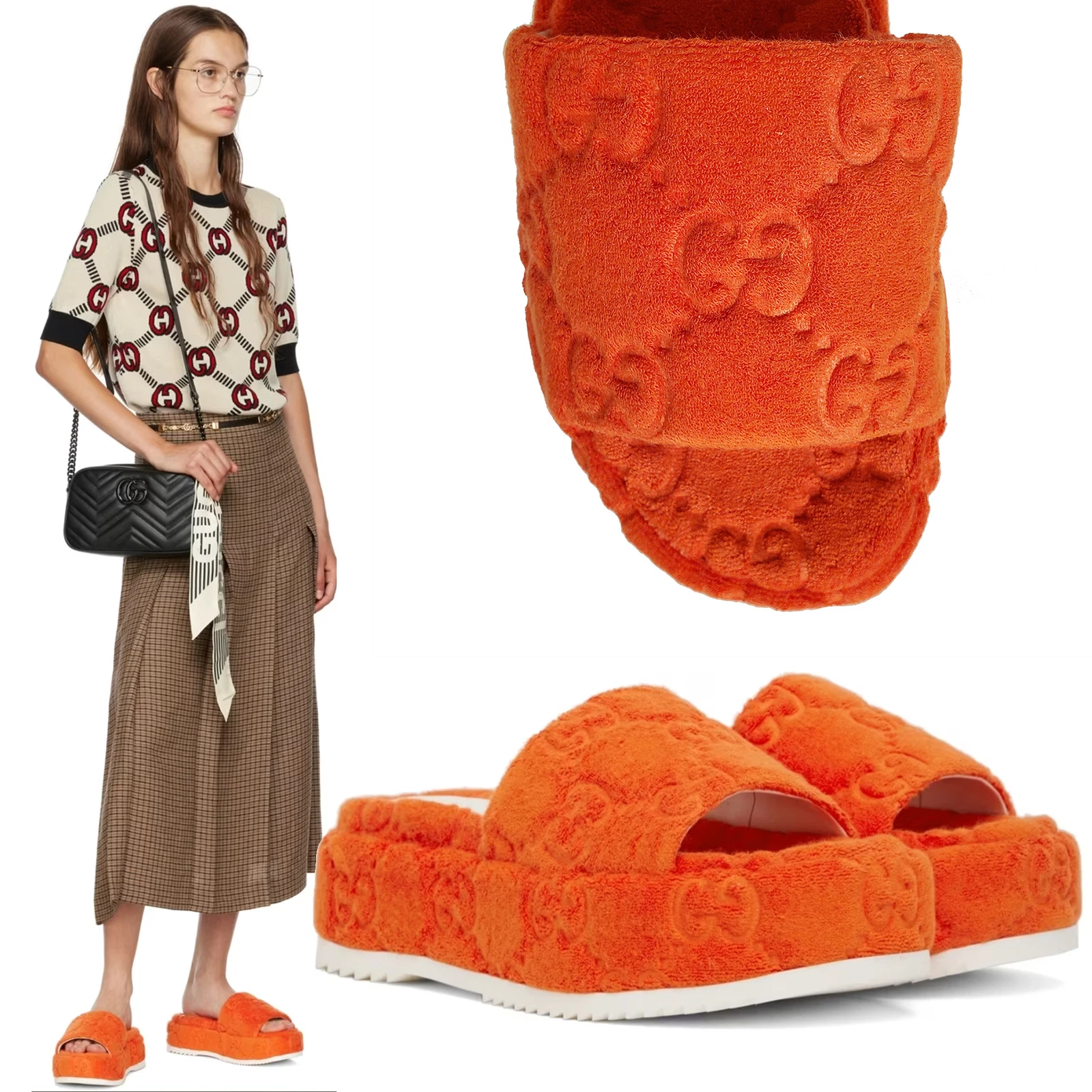 CHAUSSURES GUCCI GG SUPREME ORANGE ÉPONGE PLATEFORME SLIDE taille 38,5 8,5 US