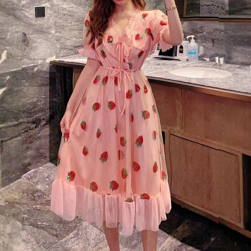 Women Girl Ruffle Lolita Mesh Midi Dress Sequin Strawberry Embroidery Cute Fairy