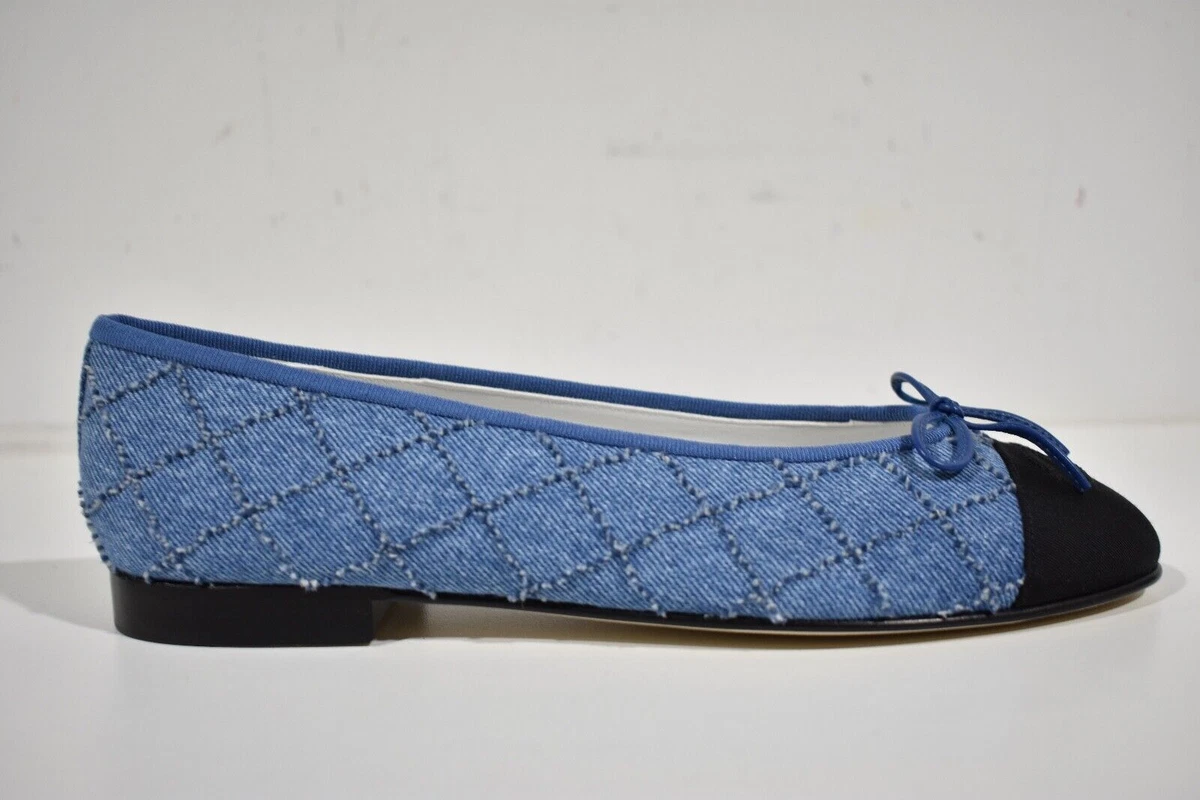 Chanel 23P Denim Blue Black CC Logo Cap Toe Bow Tie Ballet