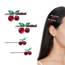 4 Pieces Red Cherry Hair Clips Metal Hairpins Duckbill Alligator Clips Hair A...