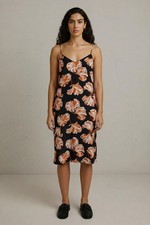 Ganni 100% silk floral slip dress black orange V-neck size 40 mid-length