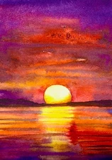 Watercolor Painting Seascape Colorful Bright Sunset Ocean Nature ACEO Art