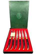 Six Authentic Vintage French Jean Dubost Laguiole Bee Black Steak Knives in Box