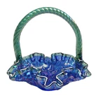 Fenton Art Glass Basket Aqua Green Crest Cobalt Rose Design VTG EUC 5 ¾ in