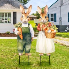 Easter Decorations Outdoor Yard Signs: 2pcs Large Metal Vintage Bunny with Carro