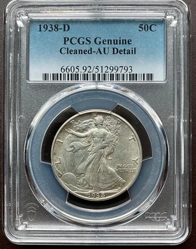 1938-D Key Date, Walking Liberty Half Dollar, PCGS Genuine, Cleaned - AU Detail