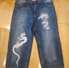 Dragon and Floral Embroidery Denim Jeans Dark Blue Baggy Big Size W45 4XL 5XL