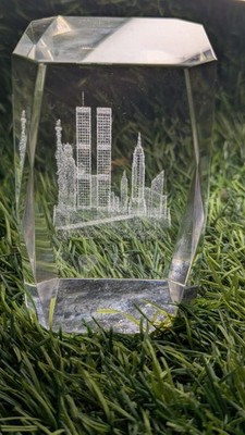 Twin Towers World Trade Center I Love New York Etched Glass Paperweight 