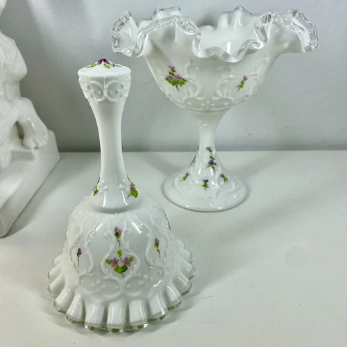 FENTON HandPainted BELL & COMPOTE Set VIOLETS In SNOW Signed S. MEUNIER/D. OWENS