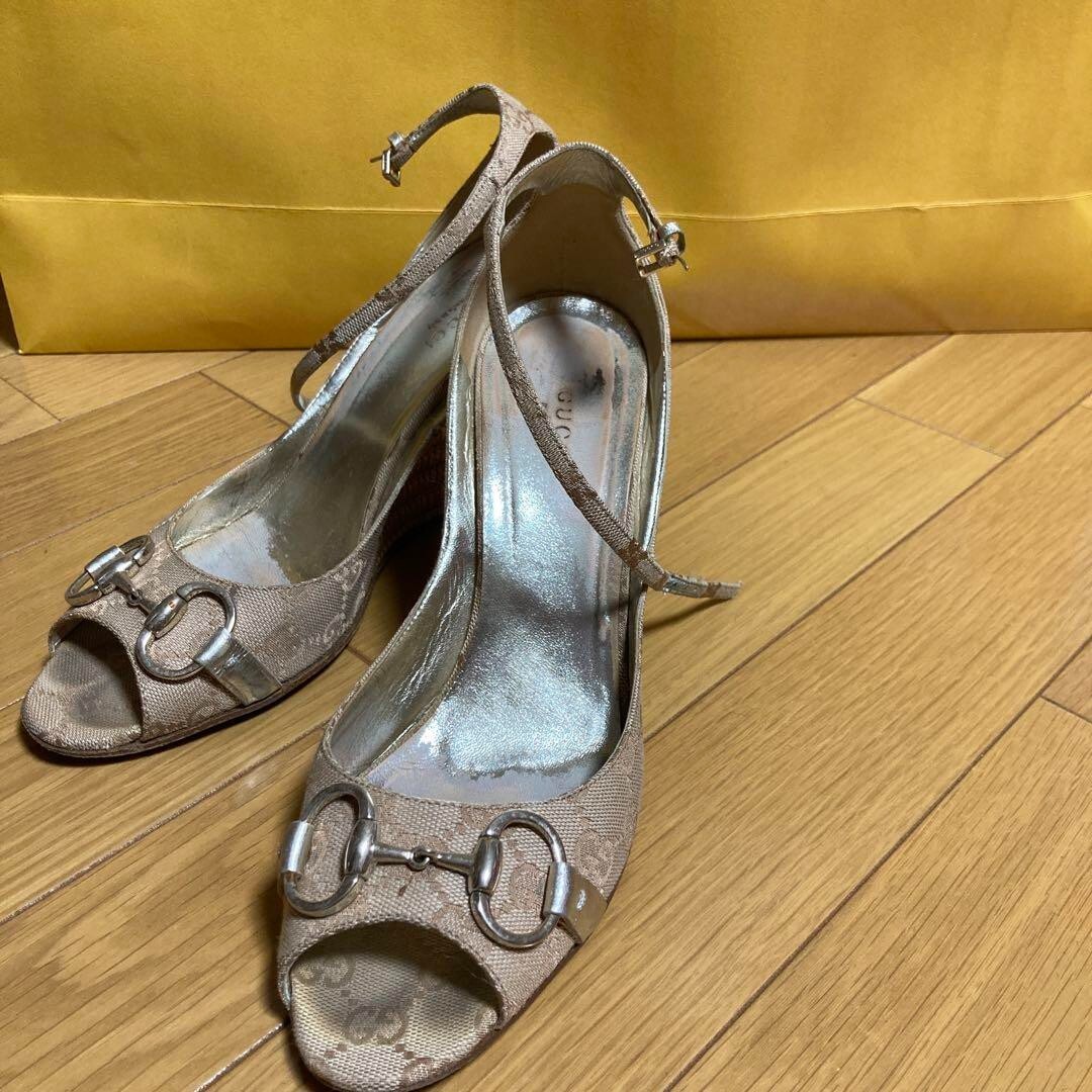 Gucci Horsebit GG Monogram Canvas Wedge Heels Sandals Used F