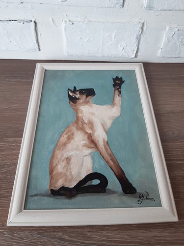 Siamkatze Gemälde Haustier Original Kunst gerahmt 12 mal 9 Katze blaue Augen Ölgemälde - Bild 8 von 9