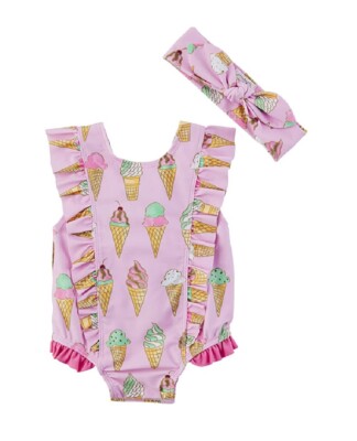 Mud Pie E2 Baby Girl Ice Cream Swimsuit & Headband 11020114 - Choose Size