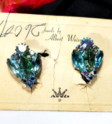 Vintage Silver Blue Rhinestone Weiss Earrings NOC New old Stock