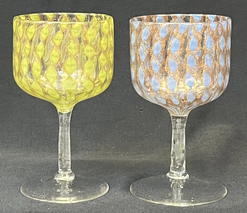 Pair Vintage Antique Salviati Murano Wine Glasses, Latticinio & Gold Aventurine - Image 4 of 4