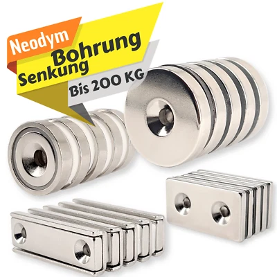 MVT-MAGNETE Neodym Magnete Mit Loch Bohrung Senkung Scheiben Quader Magnetscheibe Topfmagnet