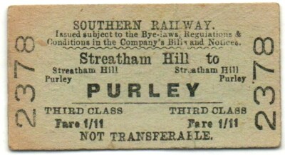 Southern Railway Ticket Streatham Hill to Purley
