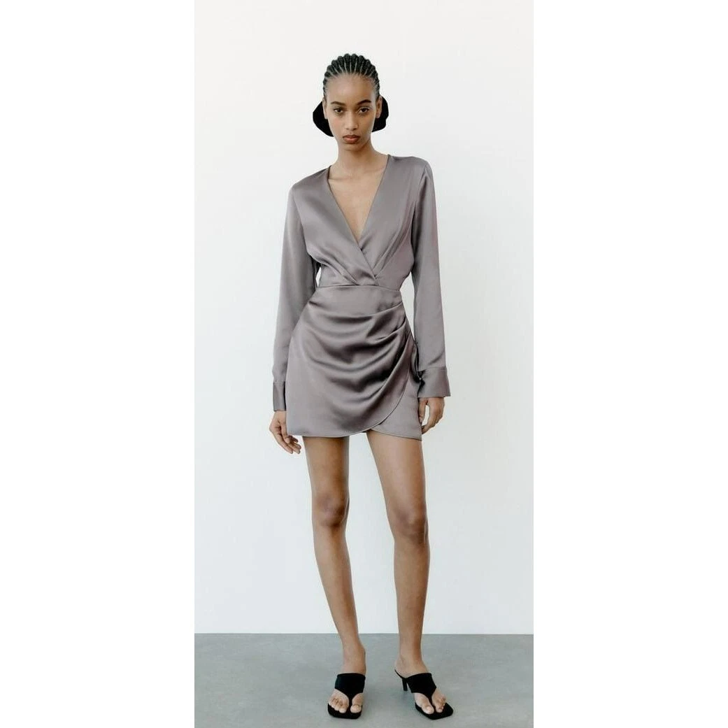 Grey satin cheap wrap dress