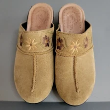 Fly Flot Suede Leather Floral Embroidery Clogs Wedge Heel Womens EU 38 US 6.5-7