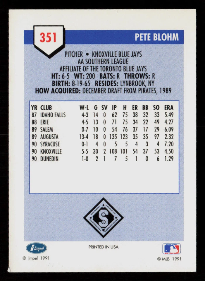 Pete Blohm 1991 Line Drive AA #351 Knoxville Blue Jays Baseball Card - Image 2 of 2