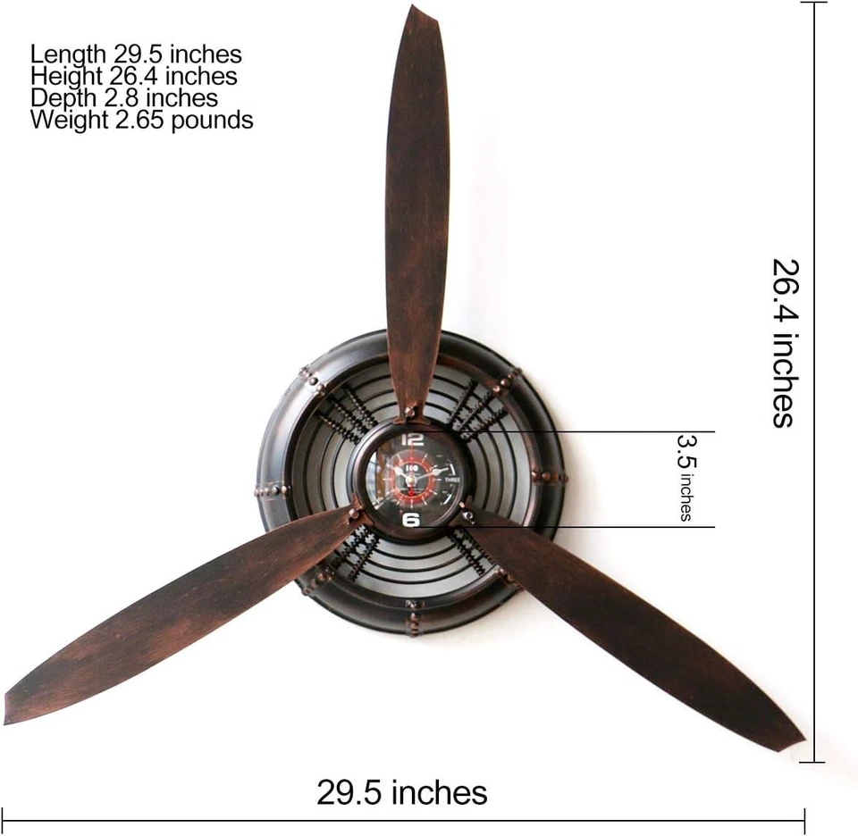 Wall Clock Vintage Propeller Silent Rustic Decor Aviation Style 29.5” - Image 3 of 4