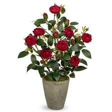 Artificial Flower Plants Camellia Red Roses Faux Potted Plant with Pot Fake S...