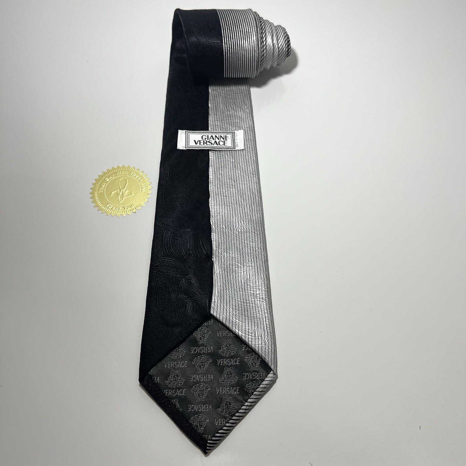 VERSACE Black&Silver Split Pattern Silk Luxury Ti… - image 3