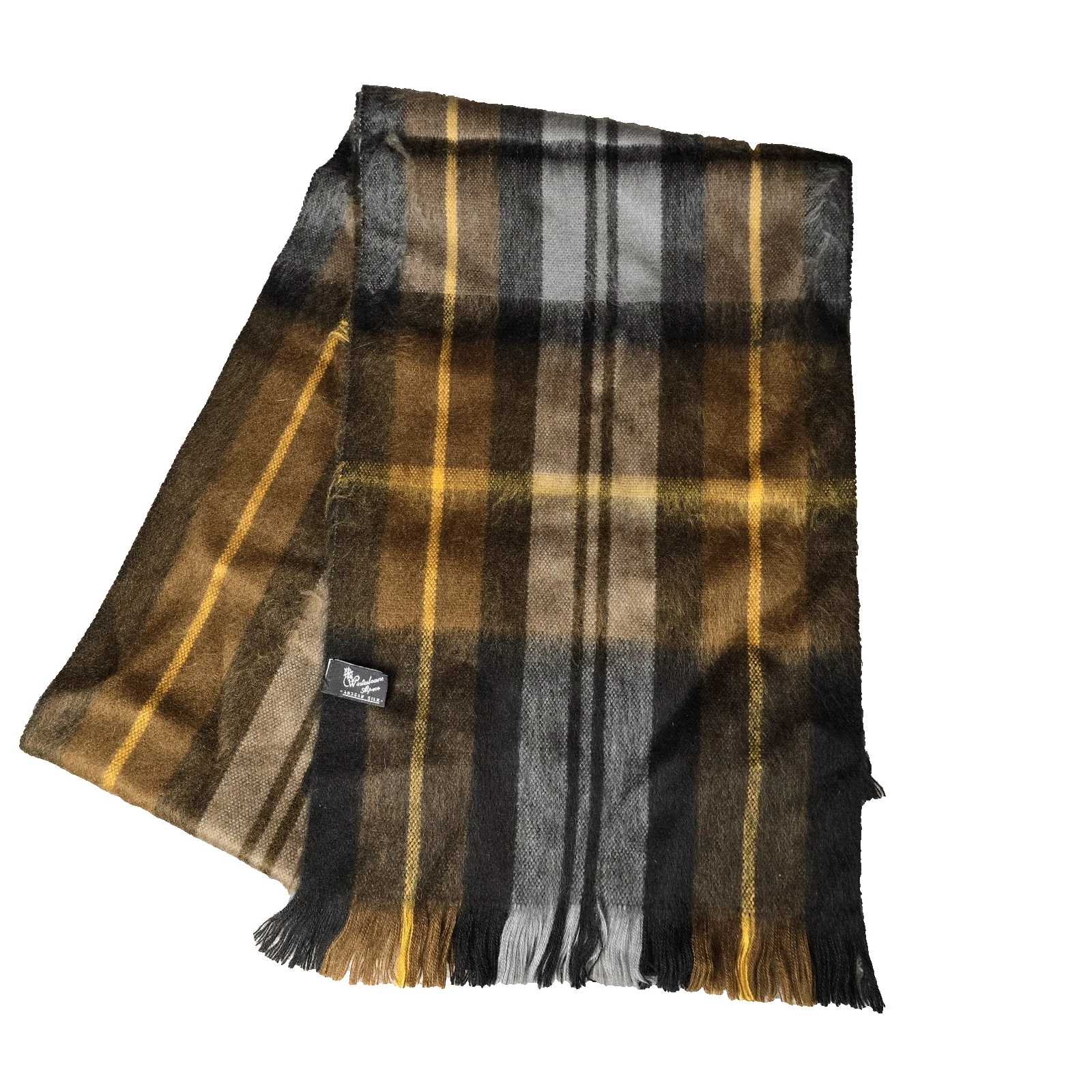 Winterbourne Alpaca Scarf Handmade in Ecuador Plaid Brown Yellow Gray 12" x 70"