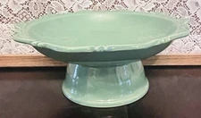 Vintage 1998 Scalloped Edge Ceramic Pedestal Bowl/Compote Light Green
