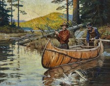 Fisherman in Canoe Fishing Lake Deer by Phillip Goodwin vintage art print