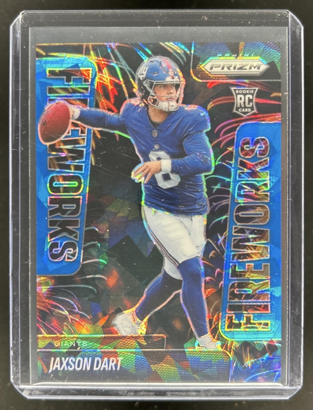 2025 Panini Prizm Jaxson Dart Fireworks RC Blue Ice Rookie #/99 Giants