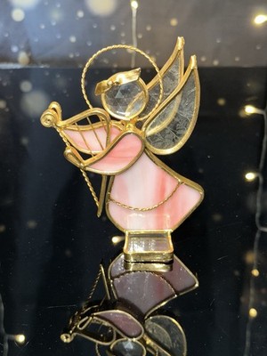 Stained Glass Pink Angel Figurine with Harp Crystal Halo Spiritual Decor