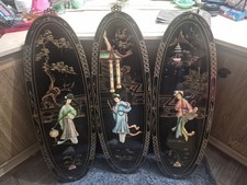 Vintage Chinese Oriental Black Lacquer Wall Art Plaque Lot Of 3