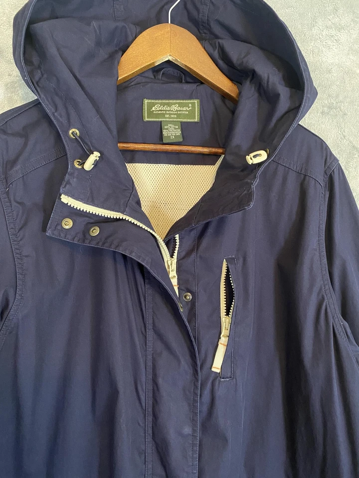 Chaqueta Eddie Bauer Para Hombre 2X Parka con Capucha Azul Marino Resistente al Agua Forrada Bolsillos Cremallera Foto 2 de 4